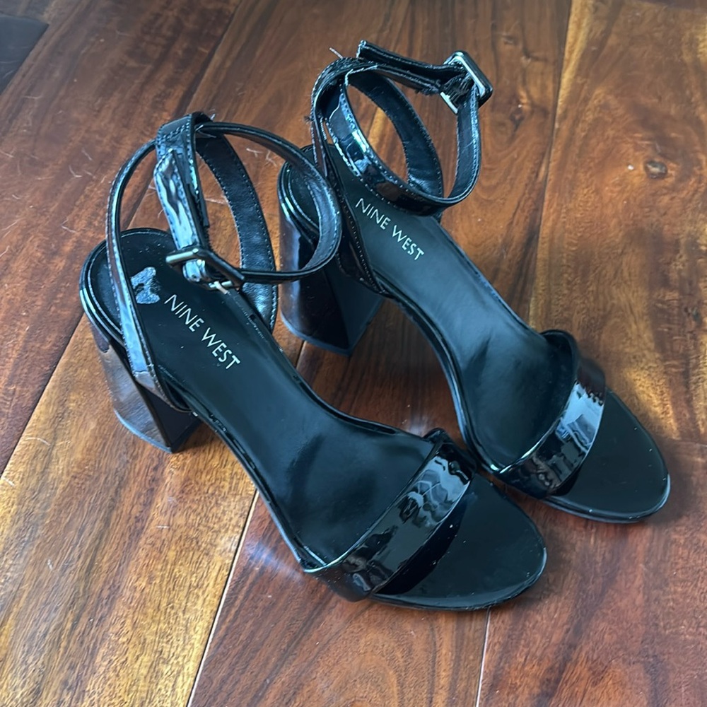 Nine West Black Patent Strappy Block Heels